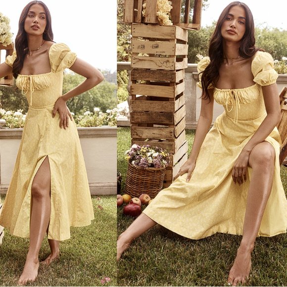 House of CB Dresses & Skirts - HOUSE OF CB 'Tallulah' Yellow Floral Puff Sleeve Midi Dress NWOT